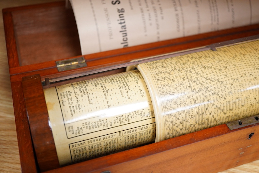 A Fuller’s Calculator, by W.F. Stanley, mahogany with a paper scale and brass cursors, mahogany cased, together with an instruction booklet, the case 35cm wide, 11cm deep, 10cm high